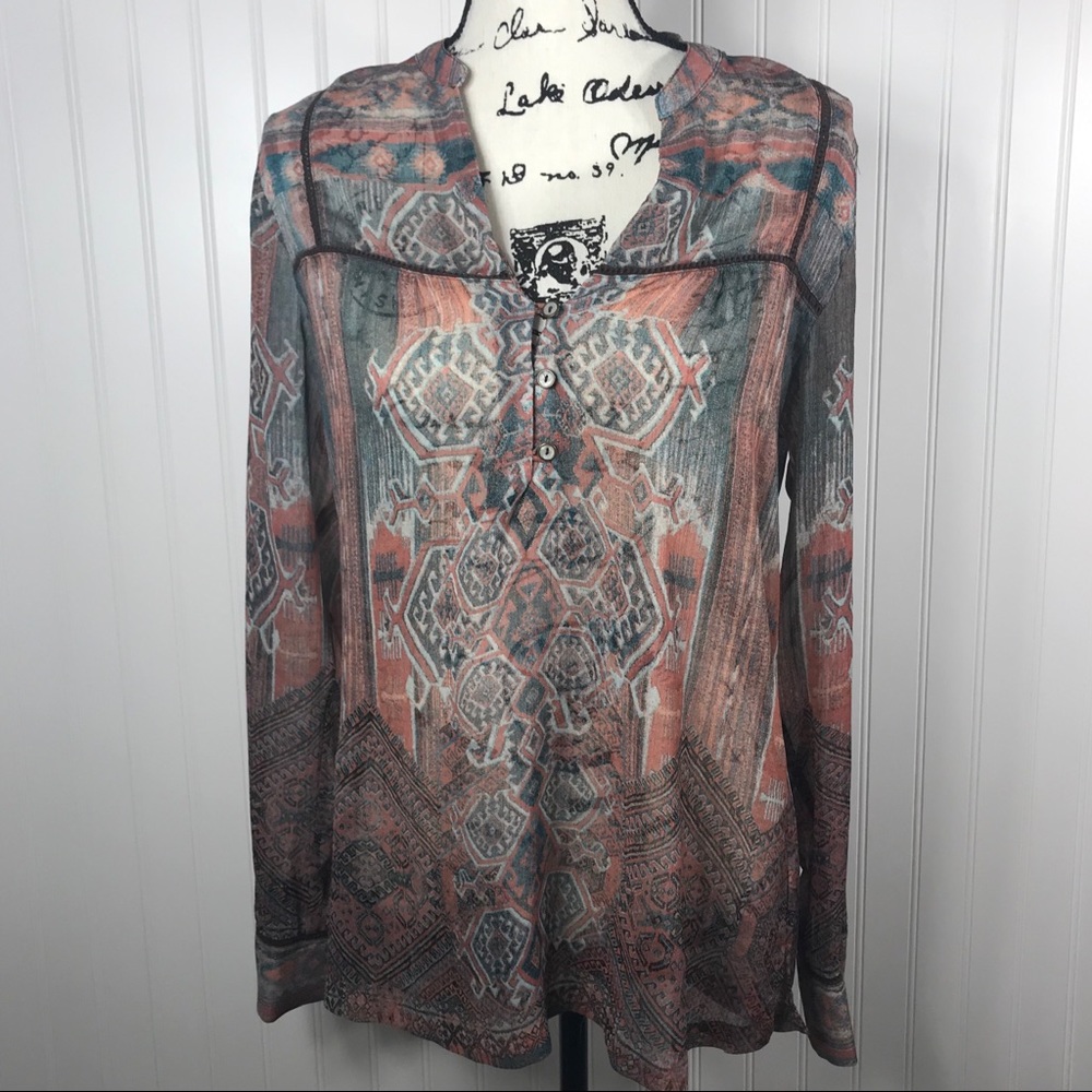 Maurice’s Navaho Print Sheer Tunic Button Neck